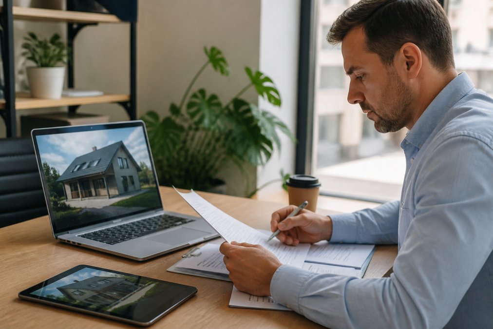 Real estate investor reviewing property details and loan documents at a desk with a laptop and tablet showing property analysis and bridge loan terms, natural office lighting