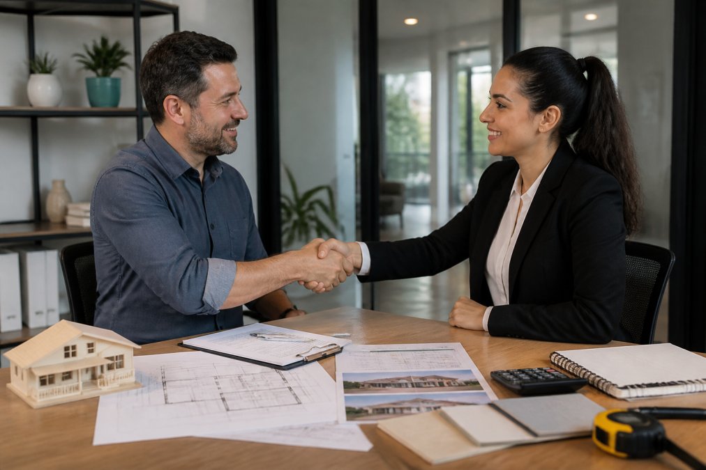 Professional meeting between a real estate investor and loan officer shaking hands across a desk with property plans, renovation budgets, and investment analysis documents visible in modern office setting