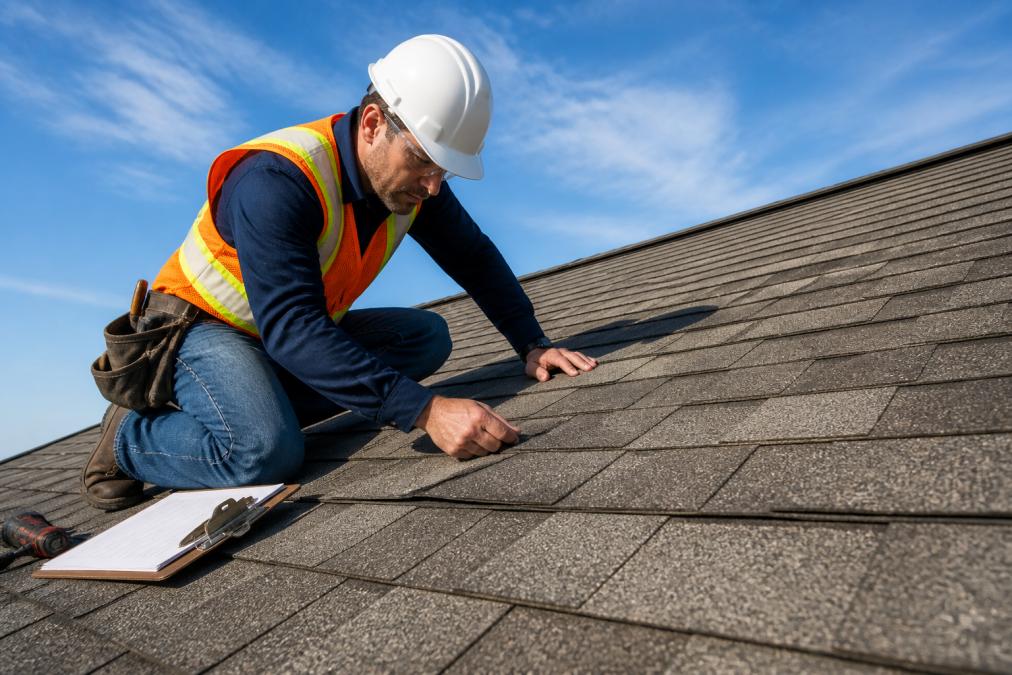 A roofing contractor in safety gear inspecting asphalt shingles on a residential roof, clipboard and tools nearby, clear blue sky behind him
