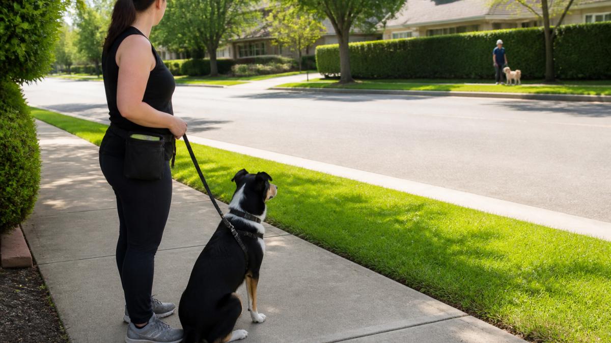 A dog owner walking a medium-sized dog on a quiet suburban sidewalk, keeping a wide distance from another dog across the street, treat pouch at the hip and a loose leash