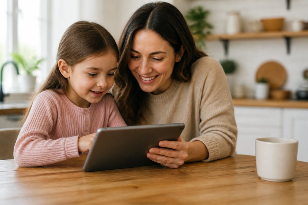 A parent and child sitting together at a kitchen table, looking at a tablet screen with a reading app open, warm natural light