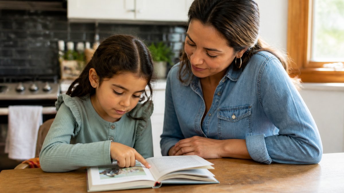 Parent and third-grade child reading together at a kitchen table, child pointing to a word in the book while parent listens attentively, warm natural lighting from nearby window
