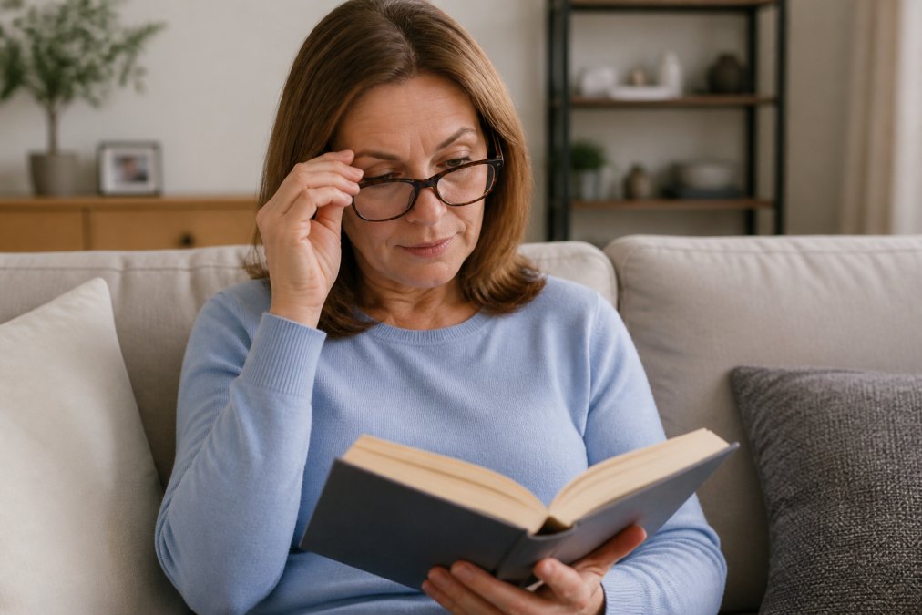 Close-up of a person in their late 40s trying on a pair of modern reading glasses while looking at a book in a bright living room setting