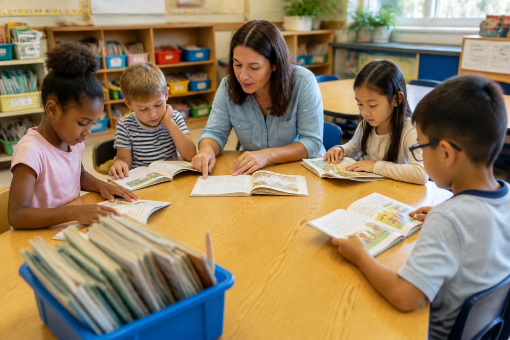 A small group of elementary students of diverse backgrounds working with a teacher at a reading table, each with different books open, in a bright classroom setting