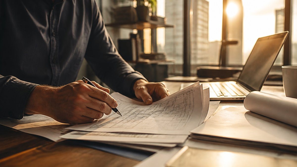 Real estate developer reviewing loan documents and project blueprints at a desk with laptop and papers visible in modern office setting with natural light