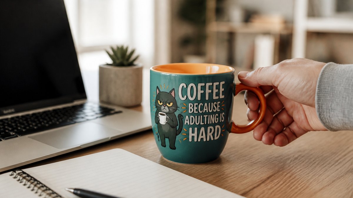A close-up of a colorful funny coffee mug with a sarcastic slogan on a wooden desk beside an open laptop and a notebook, a hand reaching for the handle in a bright home office