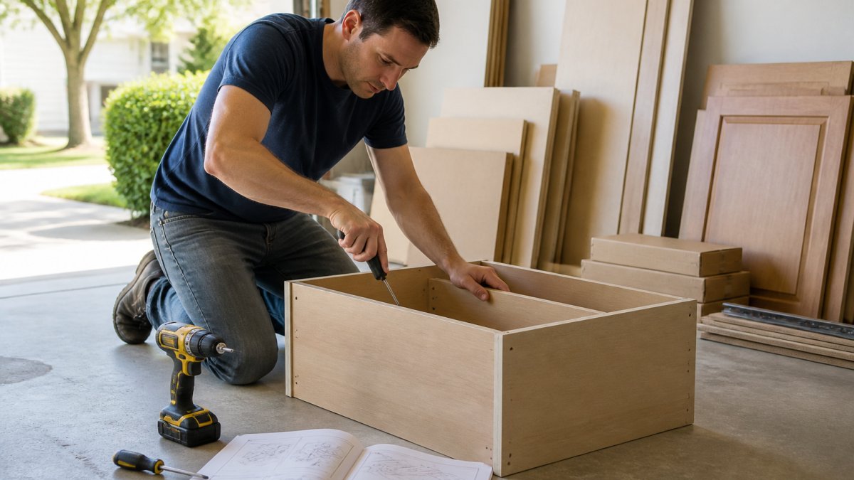 A person in casual work clothes kneeling on a garage floor assembling a wooden cabinet box, cordless drill and screwdriver beside them, printed assembly instructions spread out, daylight from an open garage door