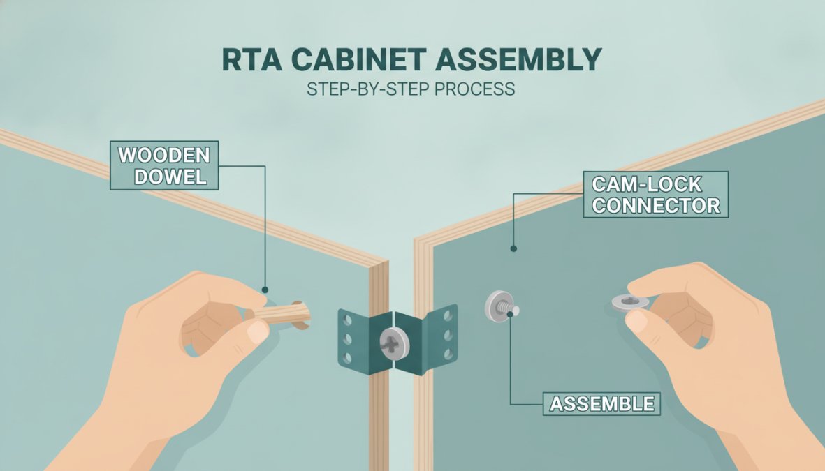 Close-up of hands organizing cabinet components on a large workbench, showing organized piles of wooden panels, hardware bags, cam-locks, and instruction manuals with natural workshop lighting