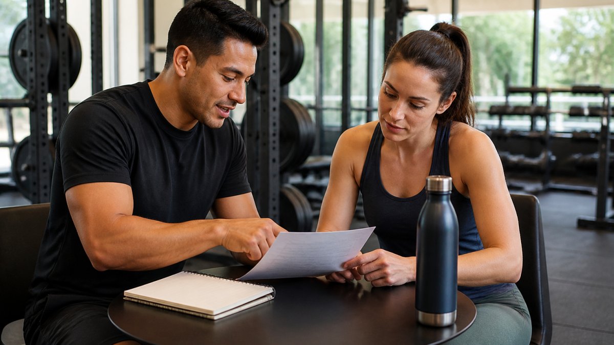 A coach and client reviewing a fitness coaching workout plan at a gym table