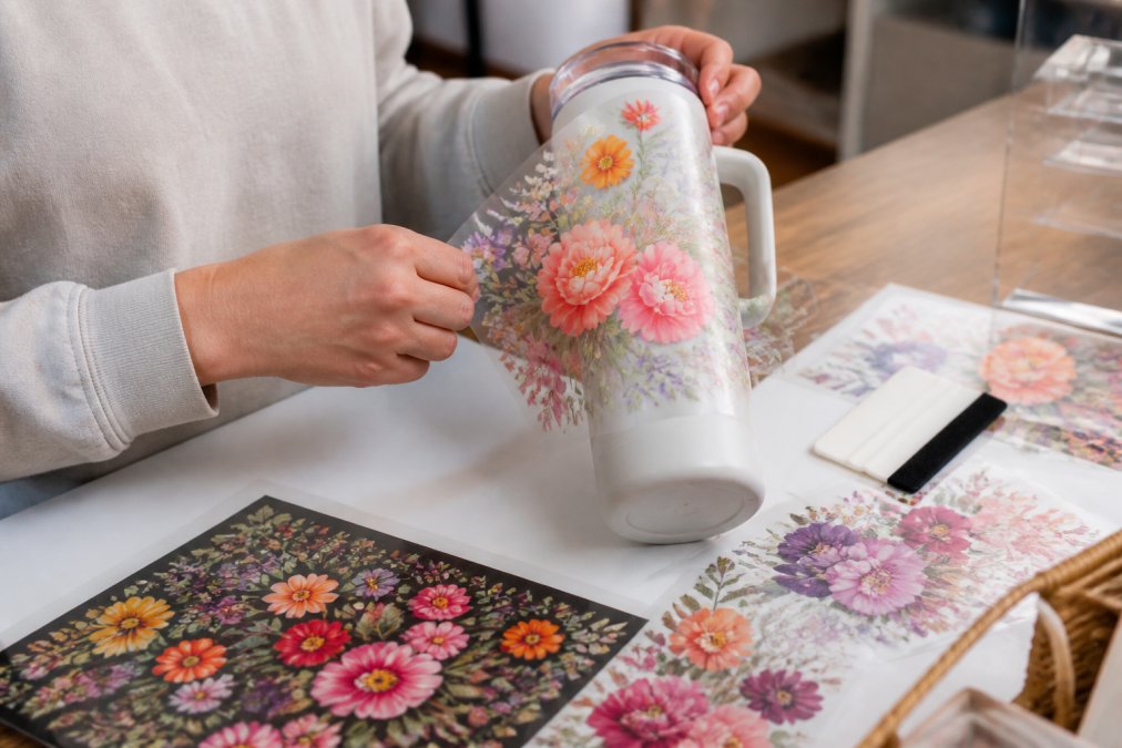 Close-up of a maker's hands dry-fitting a colorful floral UV DTF wrap around a 40 oz tumbler on a clean craft table, with a squeegee and several wrap designs laid out nearby