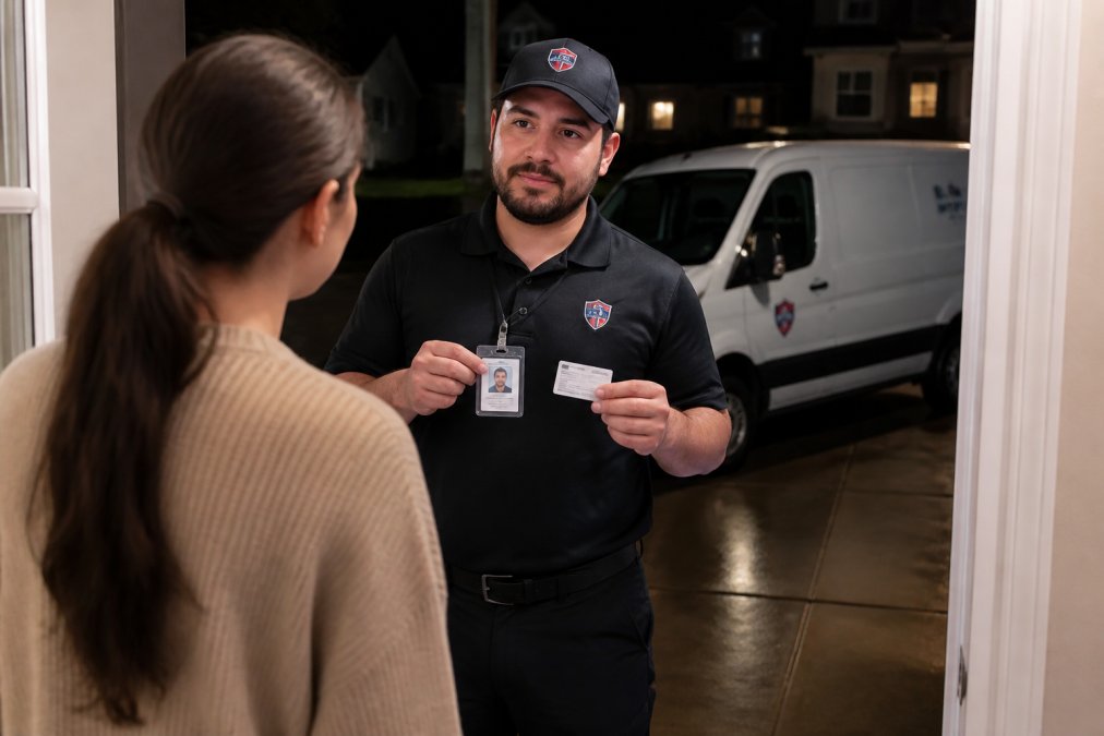 A professional locksmith in uniform showing a photo ID badge and license to a homeowner at their front door at night, with a service van visible in the driveway