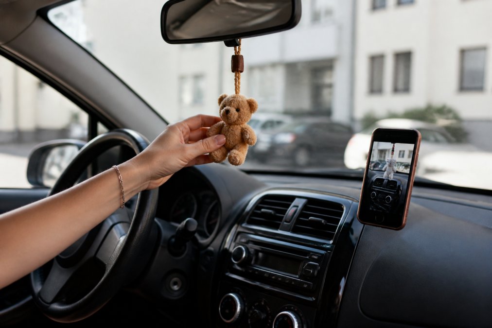 A car owner's hand adjusting a small plush bear ornament hanging from a rearview mirror inside a compact car, with a phone showing a customer review photo resting on the dashboard