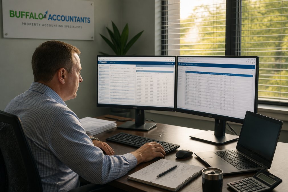 Controller using Yardi software for real estate accounting on dual monitors in a sunlit office