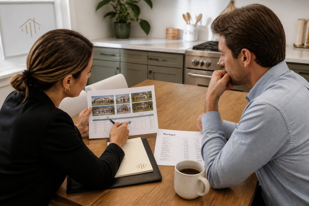 A real estate agent and a first-time buyer reviewing comparable sales data and a written budget on a laptop at a kitchen table, with a notepad and coffee nearby