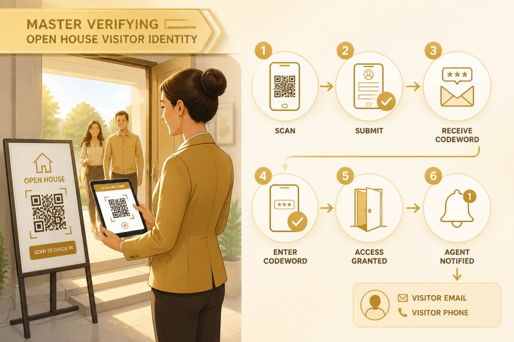 Real estate agent scanning a QR code at an open house entrance with a tablet, showing the digital verification process in action with natural daylight coming through the door
