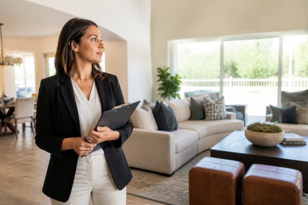 Professional real estate agent standing confidently in an open house living room with clipboard, maintaining alert posture and awareness of surroundings, with natural window light