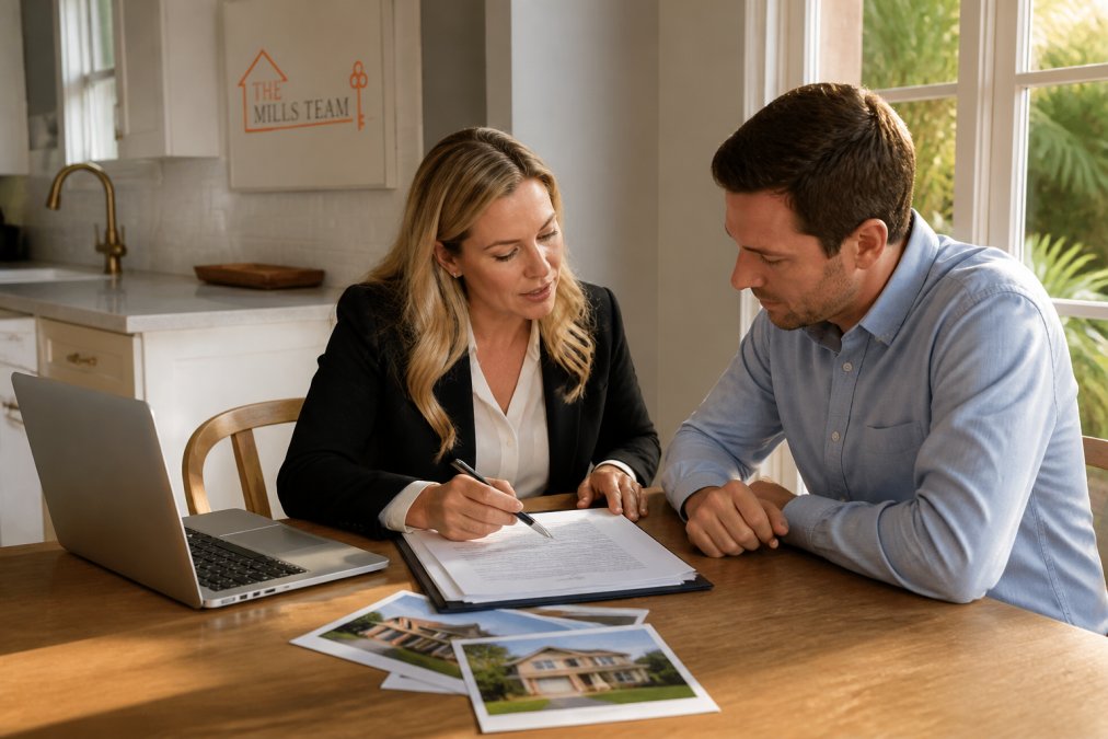 A real estate agent and a homeowner reviewing a listing agreement and printed property photos at a kitchen table, laptop open to a home listing, warm afternoon light through a window