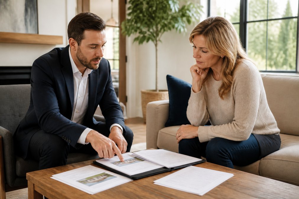 Professional real estate agent meeting with homeowner in modern living room, reviewing property documents and discussing listing strategy with natural window lighting