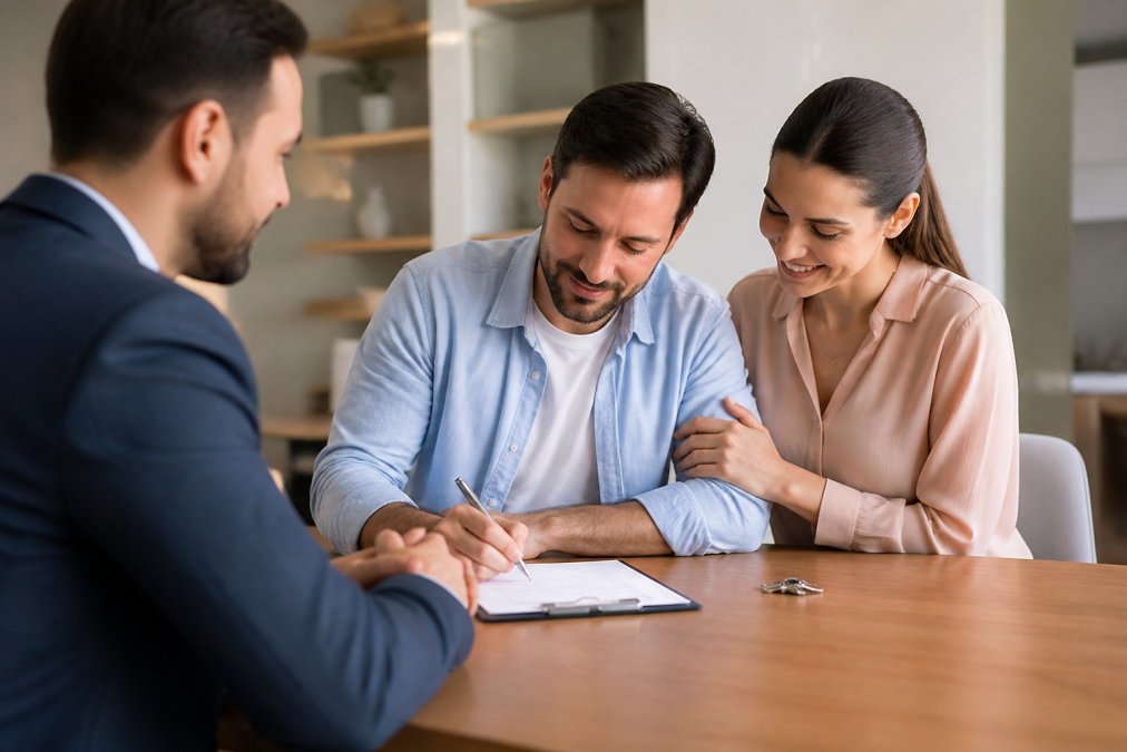 Homeowner signing paperwork at desk with real estate professional in modern office setting, representing the decision and commitment stage with professional lighting