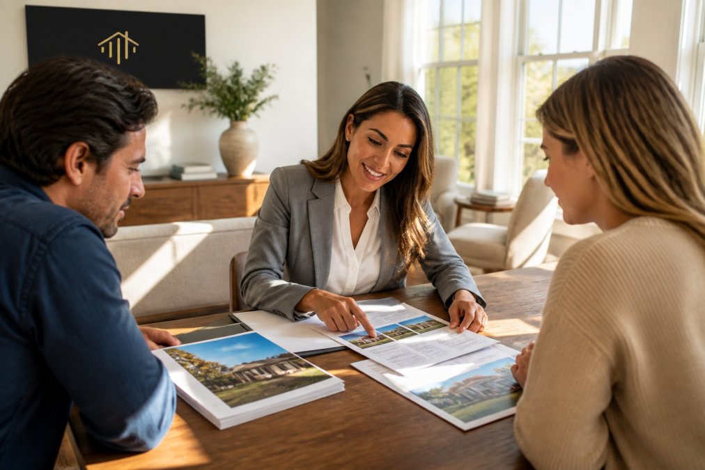 Professional real estate agent meeting with a couple in a bright home office, reviewing property documents and market comparisons on a wooden desk with natural sunlight streaming through windows