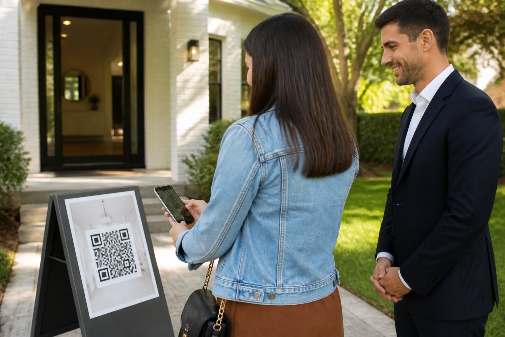 Real estate agent standing outside a home entrance with a printed QR code sign on an a-frame pedestal while a visitor holds a smartphone scanning the code in bright daylight