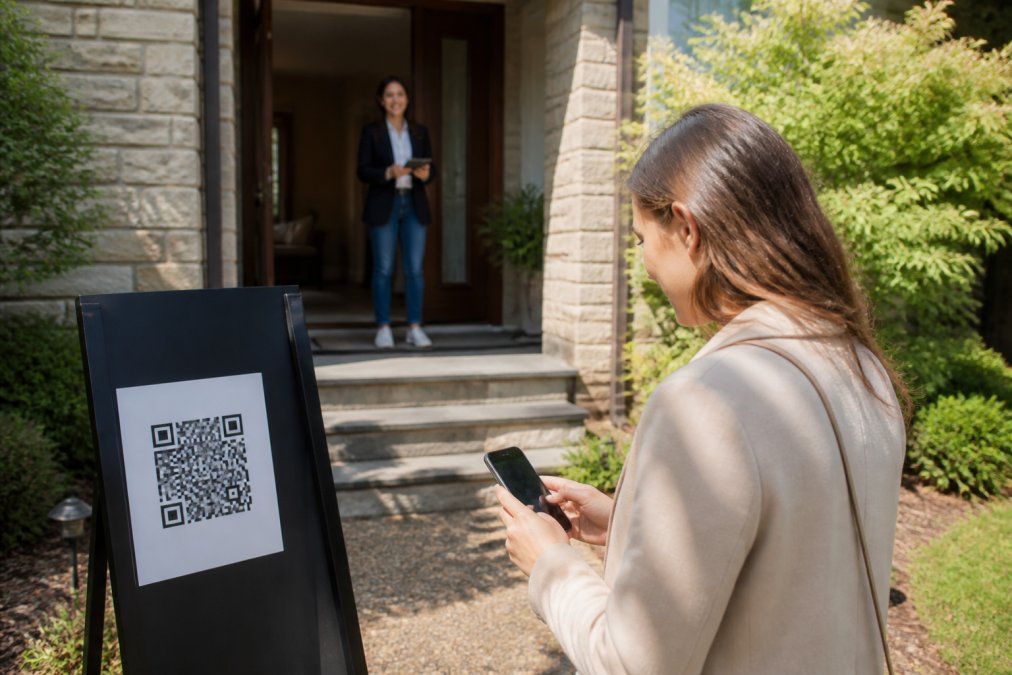 Female real estate agent reviewing verified visitor information on her smartphone while standing confidently in a home entryway with natural light streaming through windows