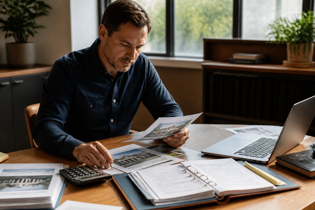 Real estate investor reviewing bridge loan documentation and property details at a wooden desk with a laptop, calculator, property listing papers, and a folder of financial statements in natural office lighting
