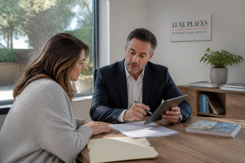 Real estate agent reviewing property documents with a homeowner while discussing real estate broker vs agent roles.