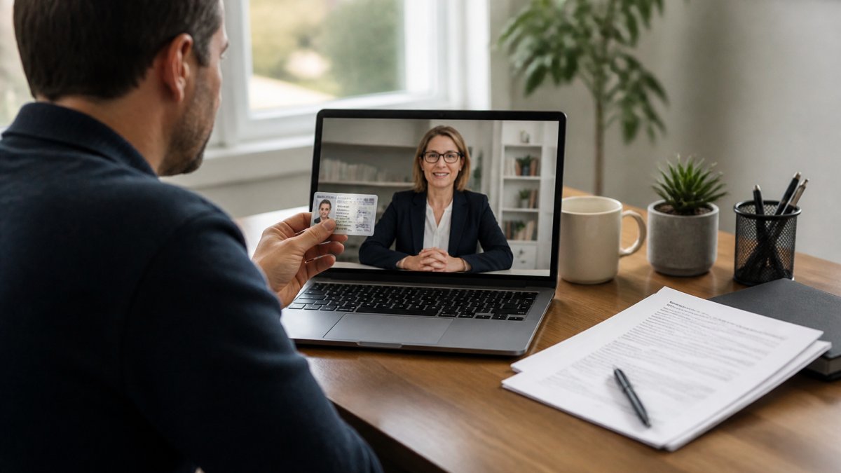 Professional in home office sitting at desk during a video call with a notary visible on laptop screen, holding identification document up to camera for verification