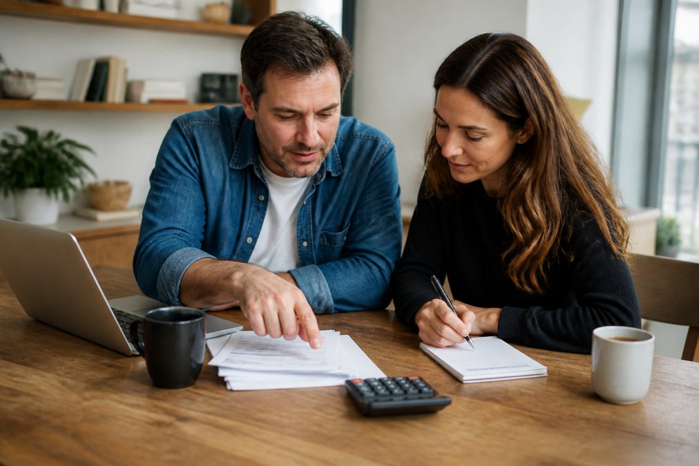 Two people sitting at a wooden table reviewing paperwork and a calculator, with a laptop and coffee cups, in a bright home office setting. One person points at a document while the other takes notes