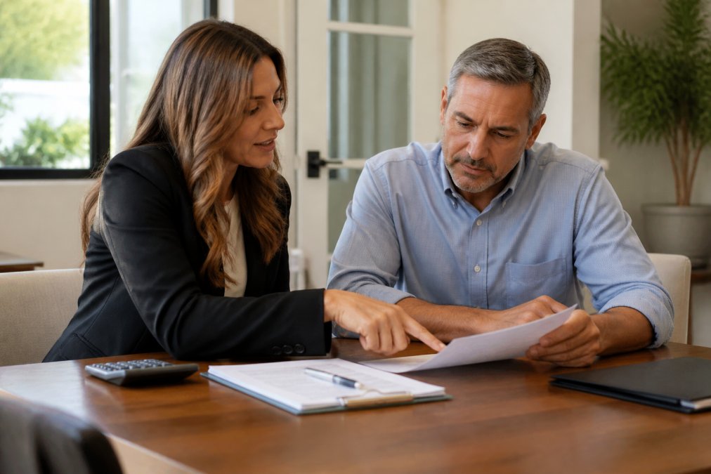 Real estate agent and seller sitting at a wooden table in a bright office, reviewing a purchase agreement and commission documents together, with a pen and calculator visible