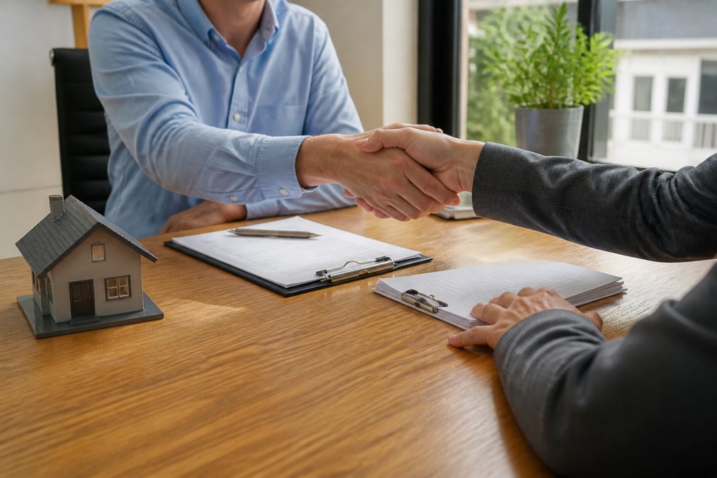 Homeowner and real estate agent shaking hands across a desk in a modern office, with a signed listing agreement and commission negotiation documents visible, natural window lighting