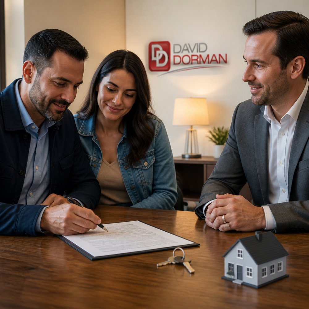 A real estate agent and a couple sitting at a table reviewing a home purchase contract, pen in hand, with a house key and a small model home visible on the table under warm office lighting