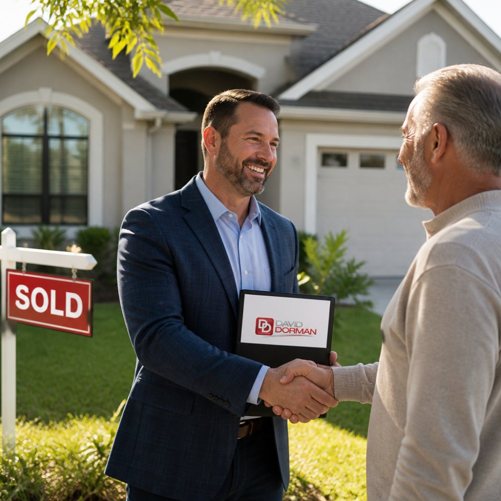 A homeowner and a real estate professional shaking hands in front of a residential property with a sold sign in the yard, bright afternoon sunlight, suburban neighborhood setting