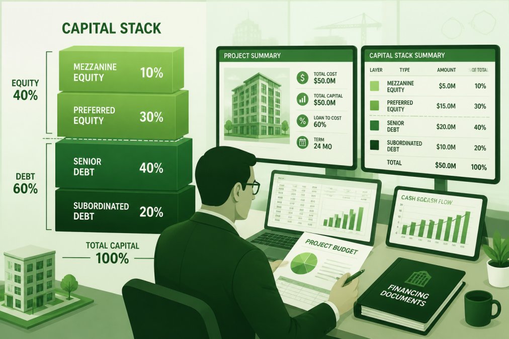 Real estate developer or financial advisor reviewing project financing documents and capital stack structure at a desk with multiple screens showing project details and spreadsheets