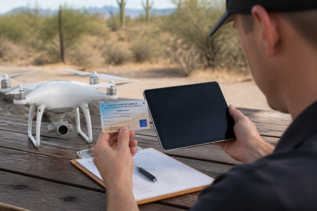 Professional drone operator holding Remote Pilot Certificate while reviewing FAA regulations on tablet, with DJI Phantom drone and pre-flight checklist visible on wooden table in natural outdoor lighting