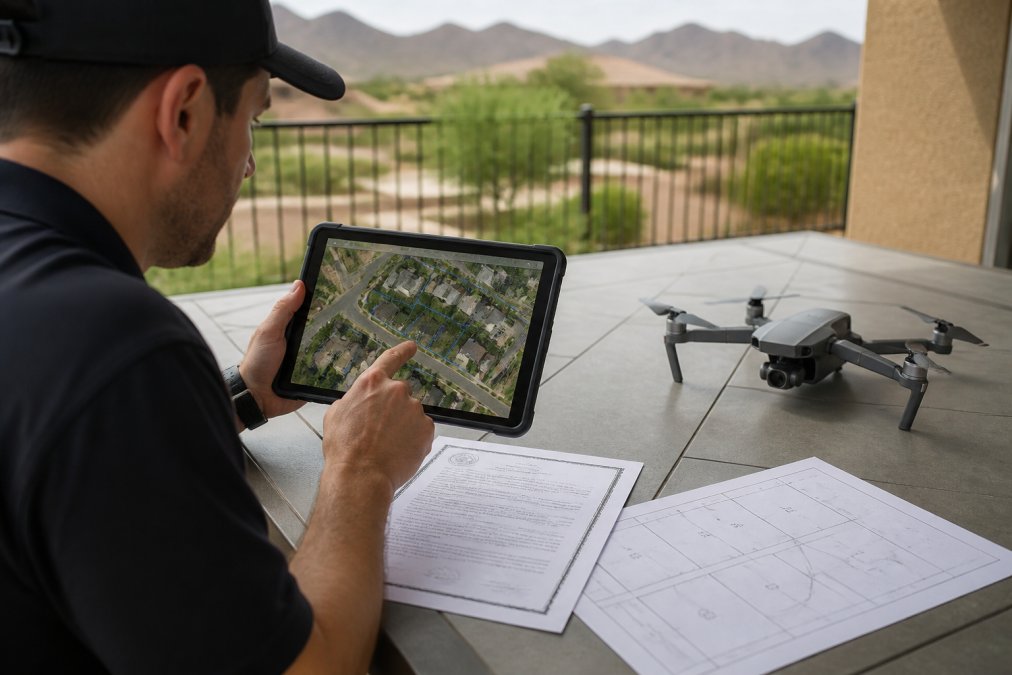 Drone operator reviewing property boundaries and neighbor locations on tablet before flight, with printed property deed and survey map visible on outdoor table with drone nearby