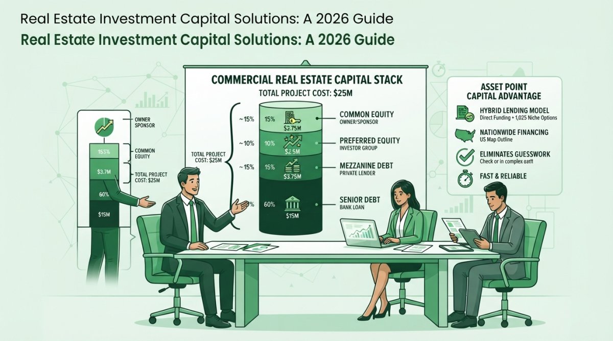 Real estate professionals reviewing property acquisition documents with laptop and financial spreadsheets on a conference table in a modern office setting
