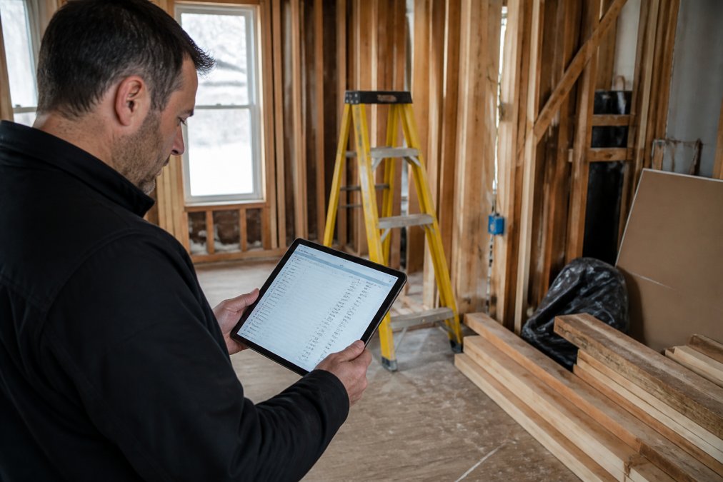 Investor reviewing detailed renovation budget and construction timeline on tablet at property site with exposed framing and renovation materials visible
