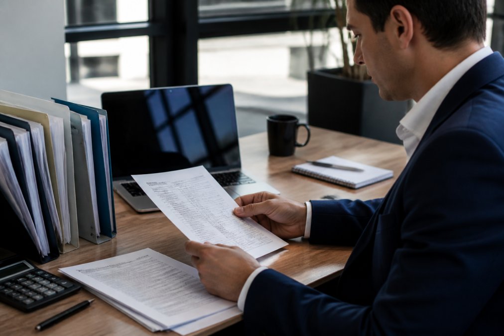 Professional reviewing loan application documents and credit report on laptop in modern office with organized file folders and financial statements visible