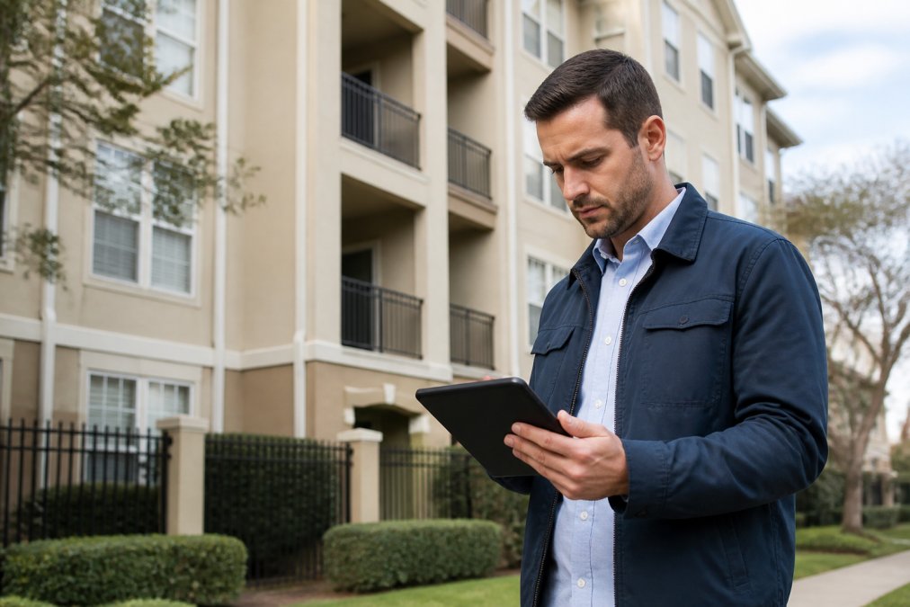 Property investor checking financial metrics on a tablet to refine real estate investment strategies by a home.