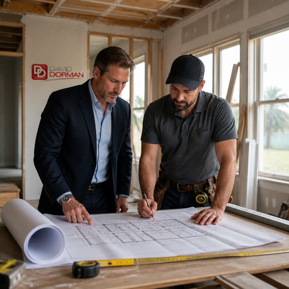 Contractor and investor reviewing renovation blueprints inside a vacant property with exposed studs, drywall, and construction materials visible in natural daylight from large windows