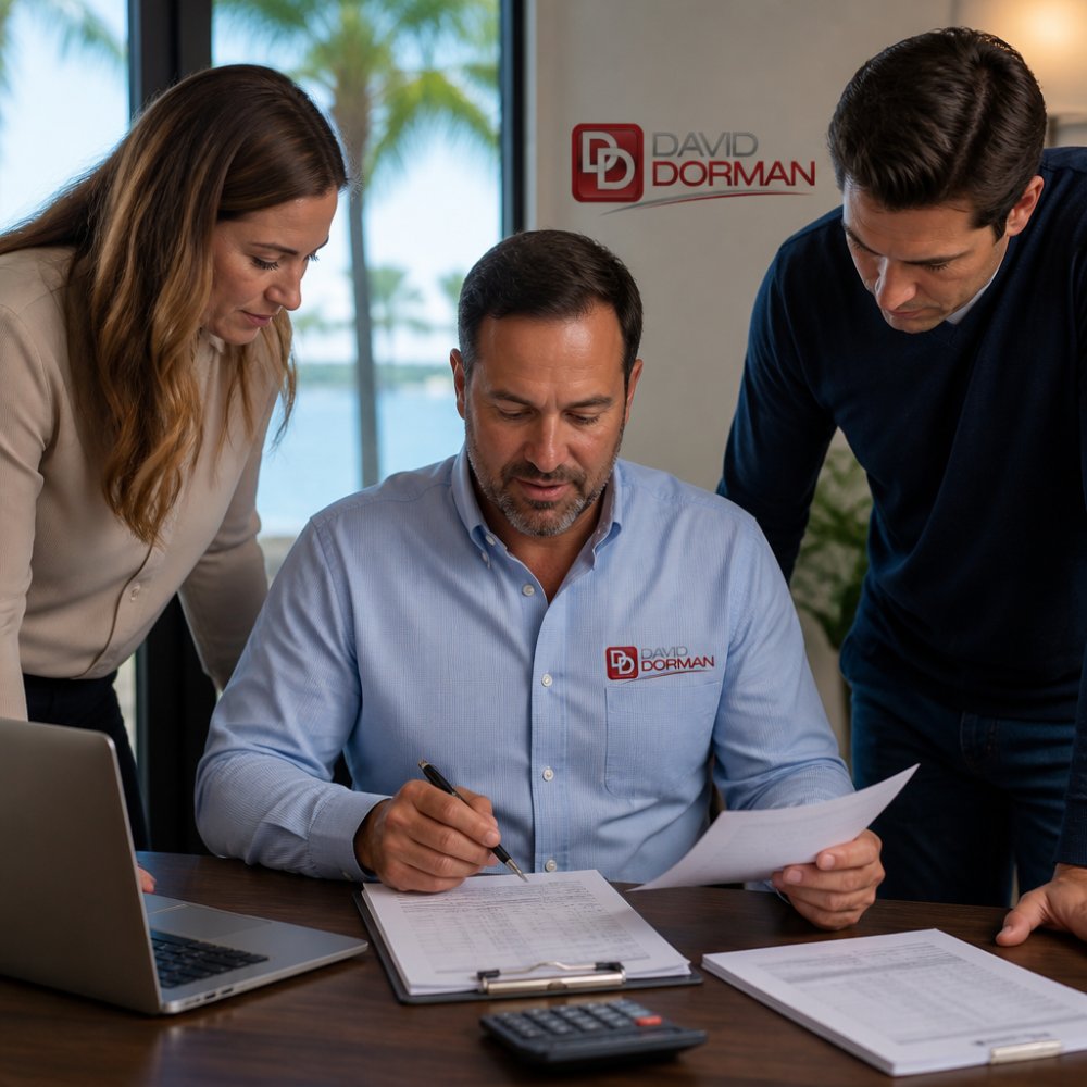 Property manager seated at desk reviewing lease agreements and rental income spreadsheets on a laptop with calculator and financial documents visible under office lighting