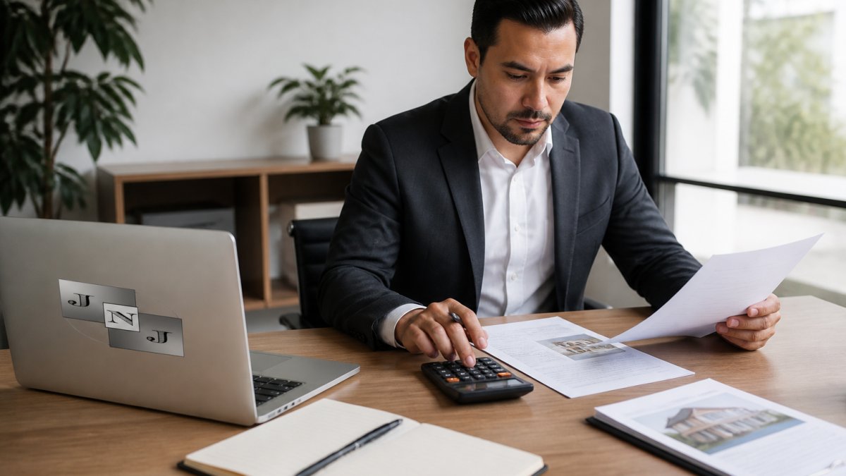 Property owner reviewing financial documents and property analysis for real estate investment tips at a desk