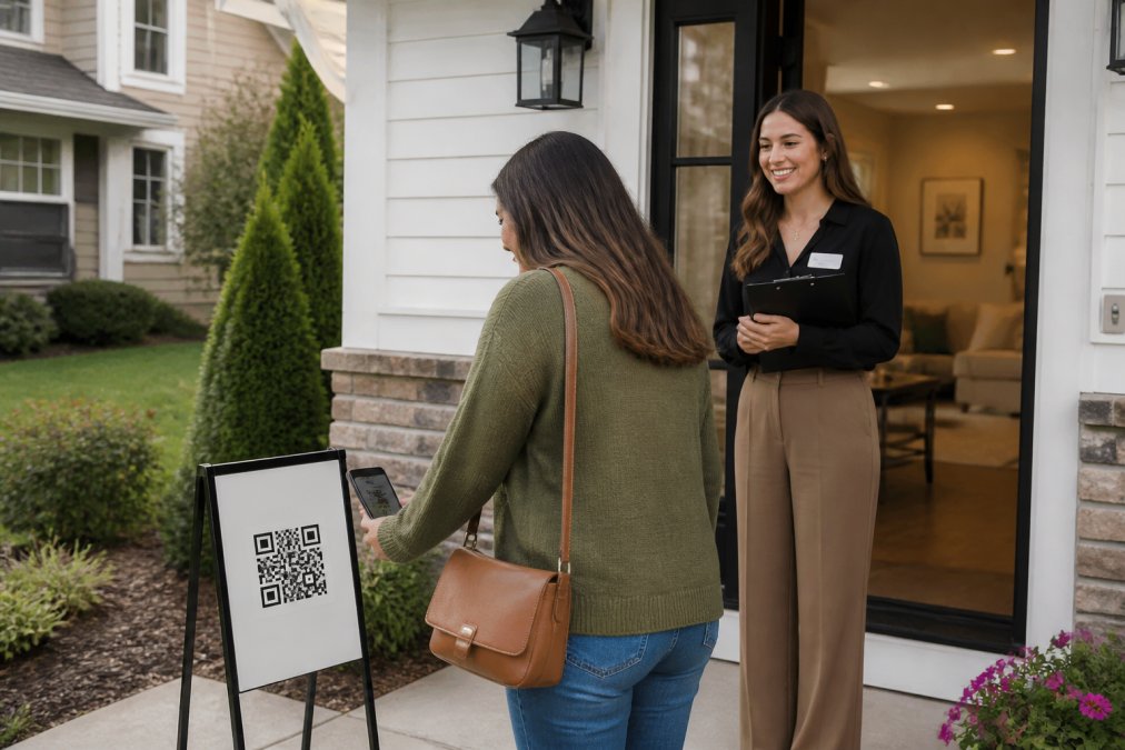 Real estate agent using a QR code for lead management at an open house