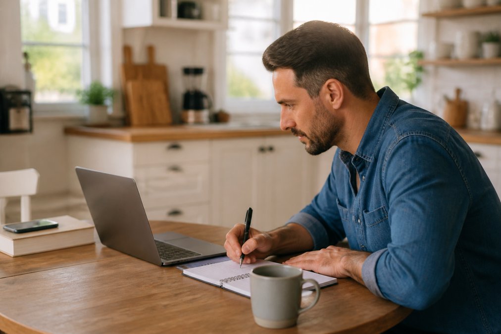 A focused adult student in their 30s sitting at a kitchen table with a laptop, notebook, and coffee, reviewing an online pre-licensing course on screen in a bright home office