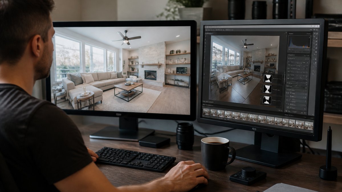 A photo editor at a desk with two monitors, one showing a bright living room interior with a large window and the other showing editing software with layers and masks open, coffee cup and keyboard in frame