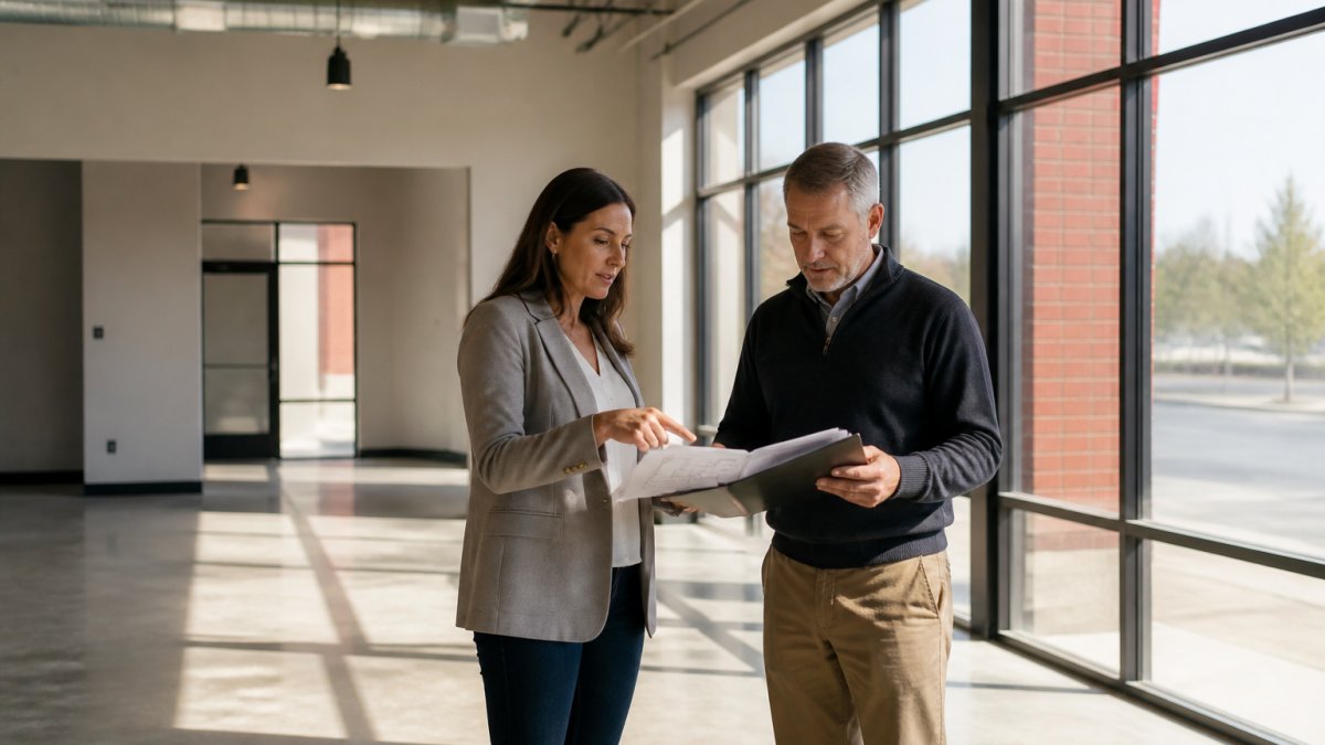 Real estate professional and borrower walking through commercial property interior, reviewing documents and inspecting finishes and systems before closing, natural daylight from large windows