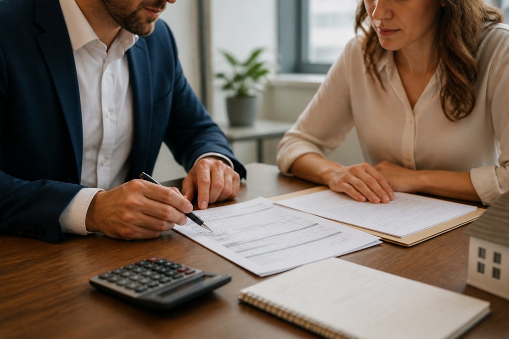 Real estate loan officer and client reviewing mortgage application paperwork at a desk with calculator and loan estimate documents visible under office lighting