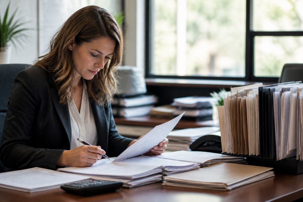 Loan processor reviewing mortgage documents and financial statements at desk with computer, organized file folders, pen, and calculator in bright office setting